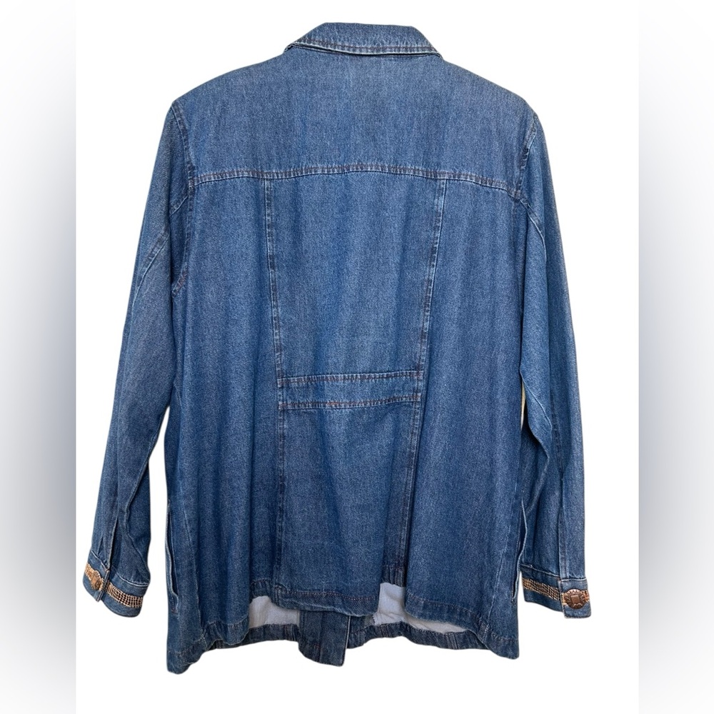 VTG 90s Nancy Bolen Western Boho Denim Shacket Snake Print Feather Trim Sz 18 - Picture 11 of 16